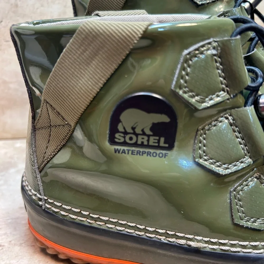 Sorel Out N About Rain Boots Womens 8 Olive Green Orange Waterproof NL2099-213